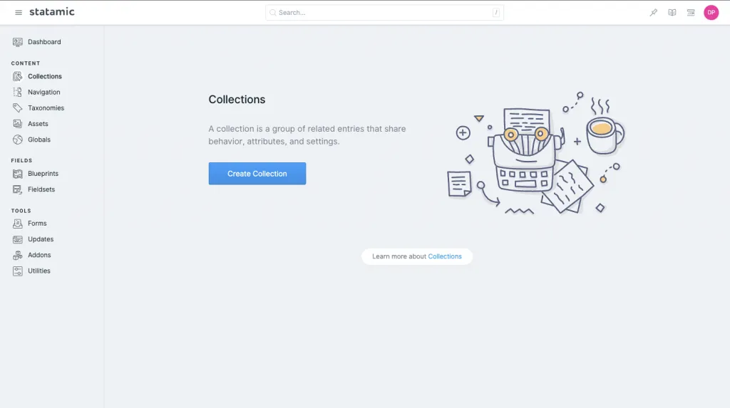 Empty Collections screen within Statamic