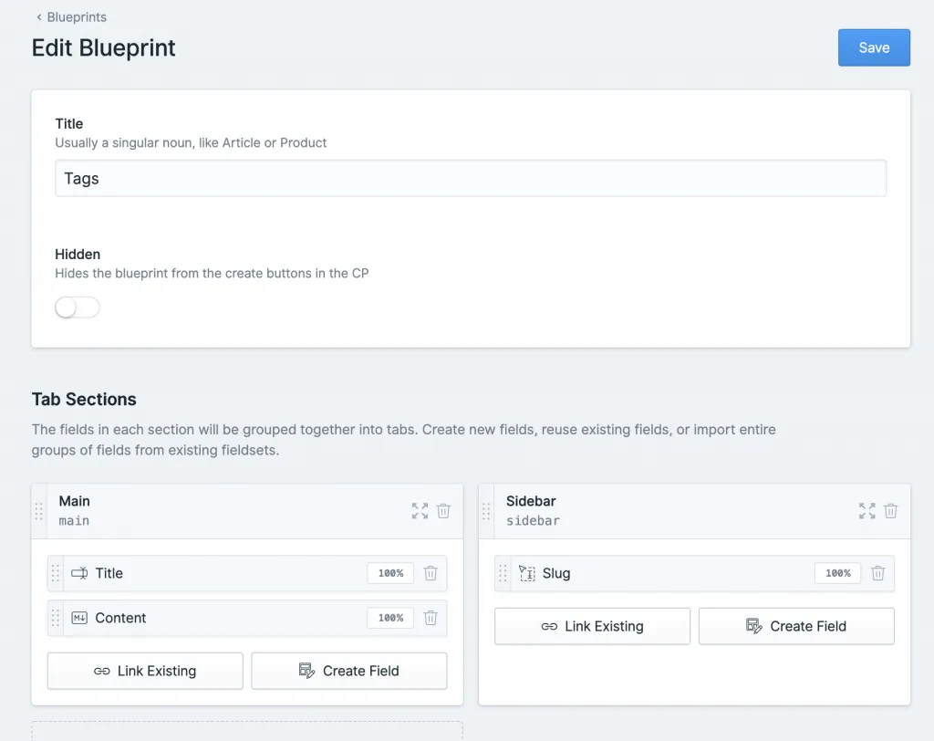 Screen to edit the blueprints for an individual tag