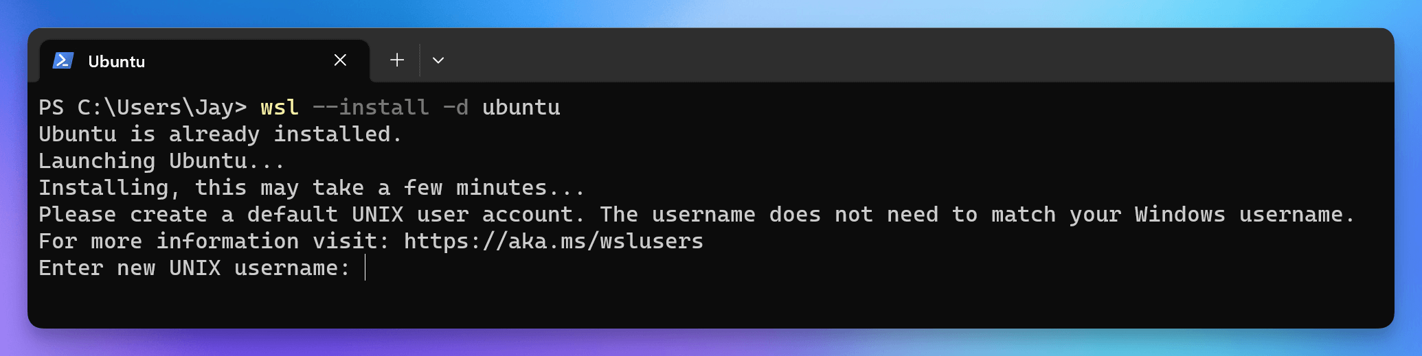 WSL Create Username and Password