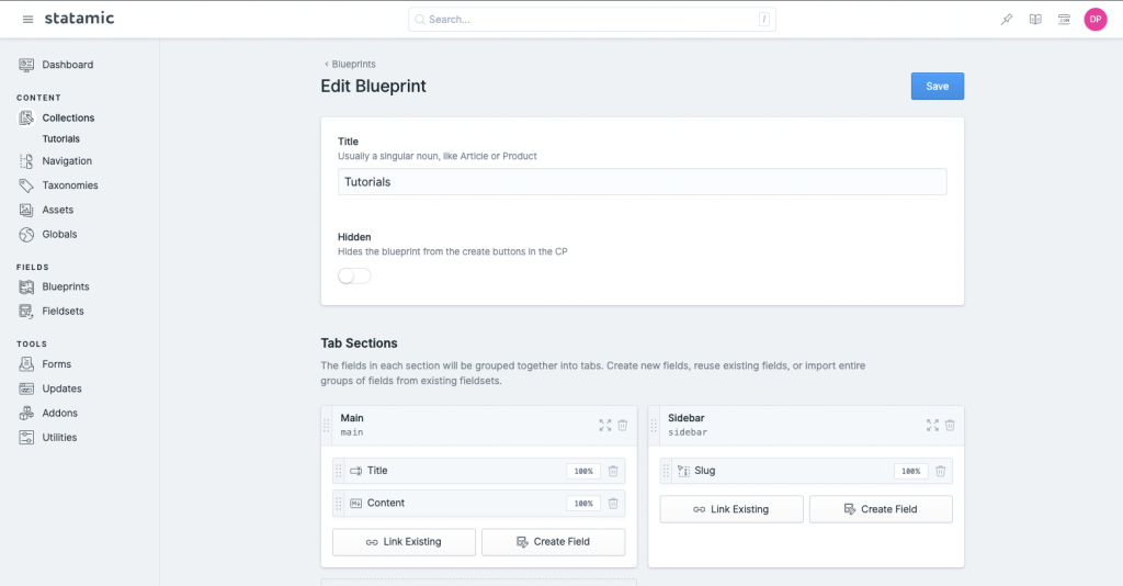 Screen to edit blueprints.