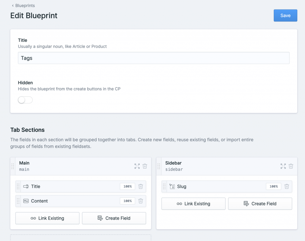 Screen to edit the blueprints for an individual tag